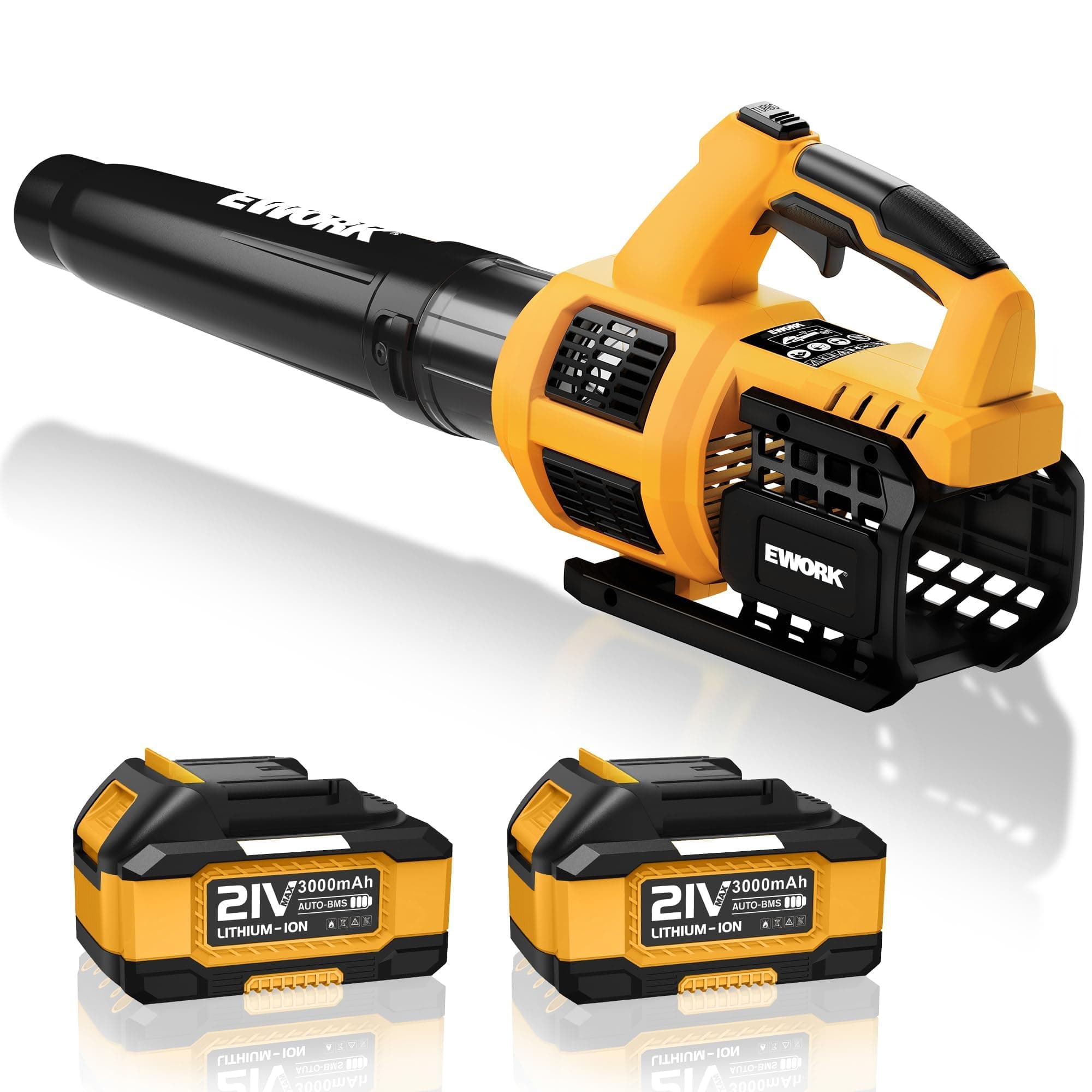 EWORK Leaf Blower Cordless with Battery and Charger, 21V-550CFM High Power, Lightweight Handheld Electric Blower, Powerful Blower for Lawn Care, Patio, Leaves & Dust, Yellow