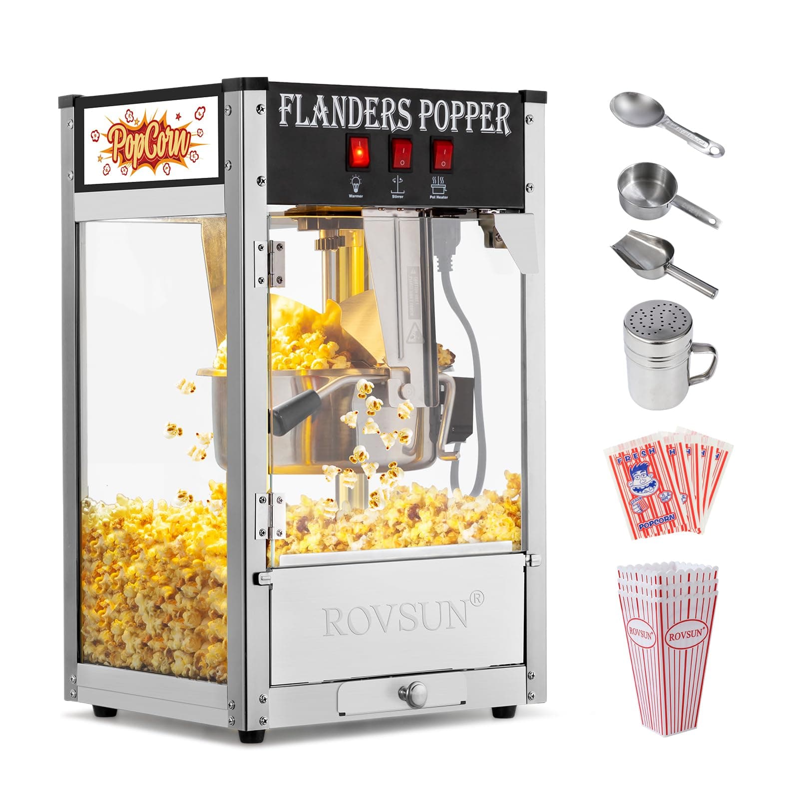 ROVSUN Popcorn Machine with 8 Ounce Kettle Makes Up to 32 Cups, Commercial Popcorn Machine Countertop Popcorn Maker w/Stainless Steel Scoop, Oil Spoon & 3 Popcorn Cups for Home Movie Theater, ETL