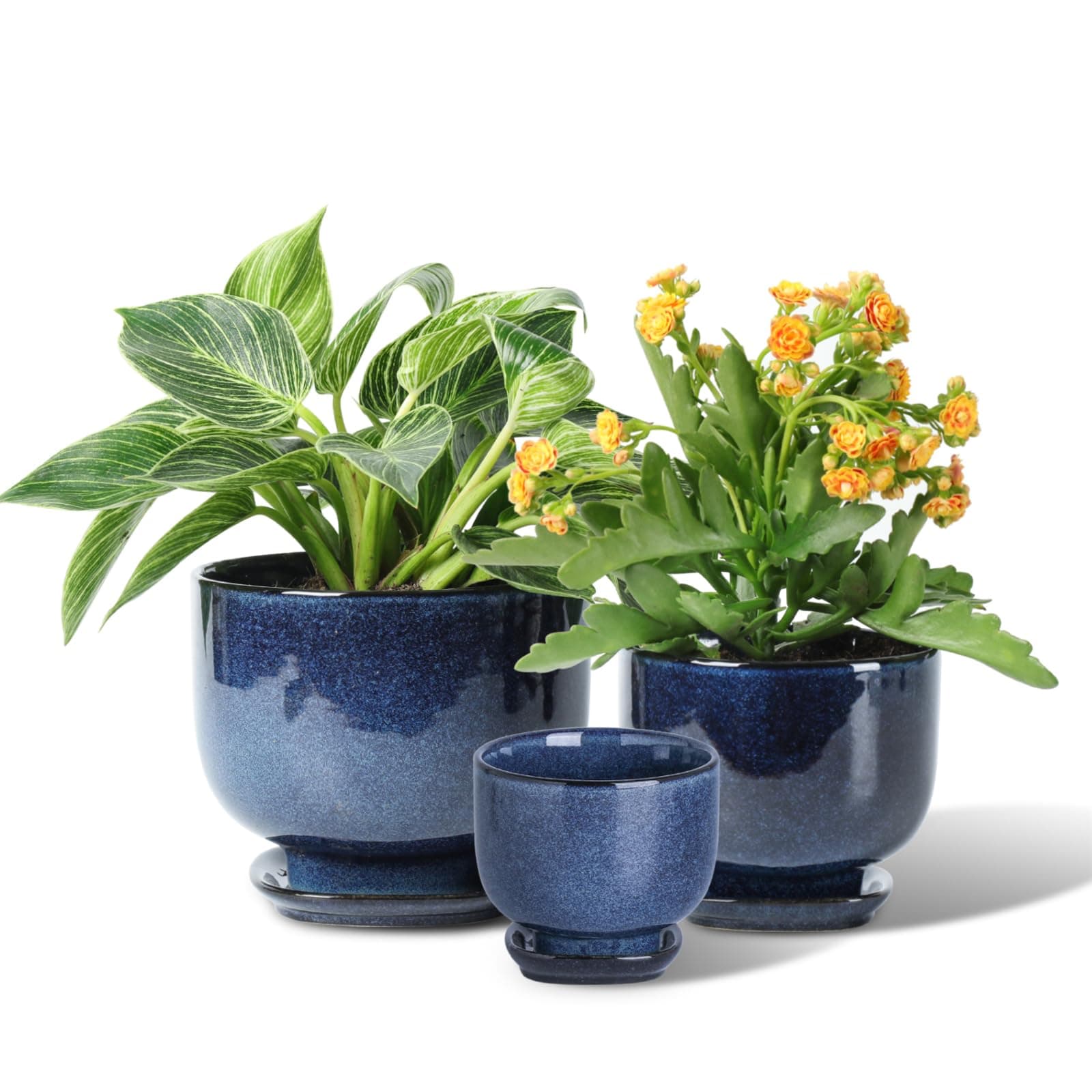 vicrays Ceramic Plant Pots Indoor - 6.8/5.5/4.3 Inch Planter Pot with Drainage Hole and Saucer for Succulent Orchid Flower Herbs Cactus - Gardening Home Desktop Office Decor – Set of 3 Blue