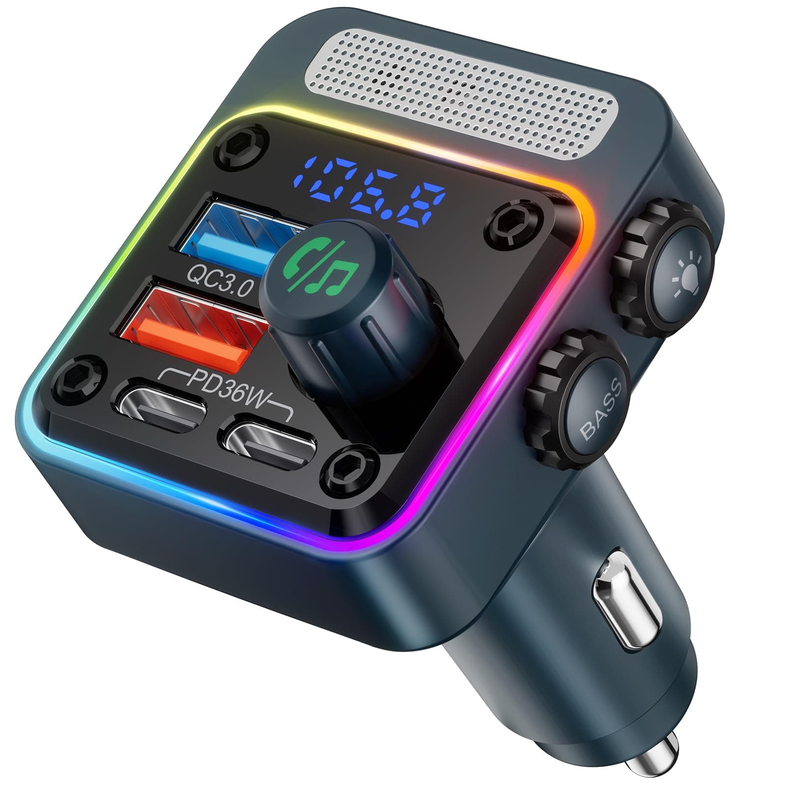 Nulaxy 54W Bluetooth 5.3 Car Adapter with 4 Charging Ports [PD 36W & QC3.0 18W], Wireless Radio FM Transmitter with Deep Bass Player & 5 Colors LED Backlit, Hands-Free Calling - Blue