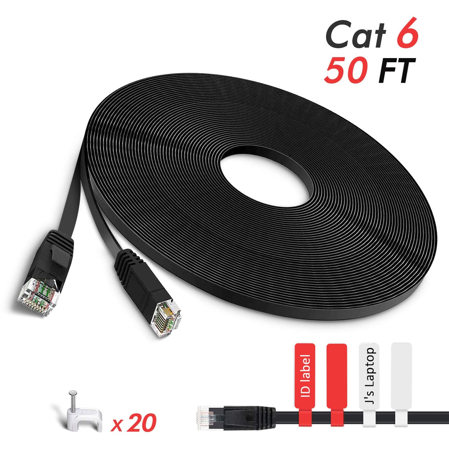 TBMax Cat 6 Ethernet Cable 50 ft - High Speed Flat Cat6 Computer LAN Wire with Installed Clips & Labels, Internet Network Patch Cord for Router, Modem, PS4, Xbox, Switch, TV Box -50 feet