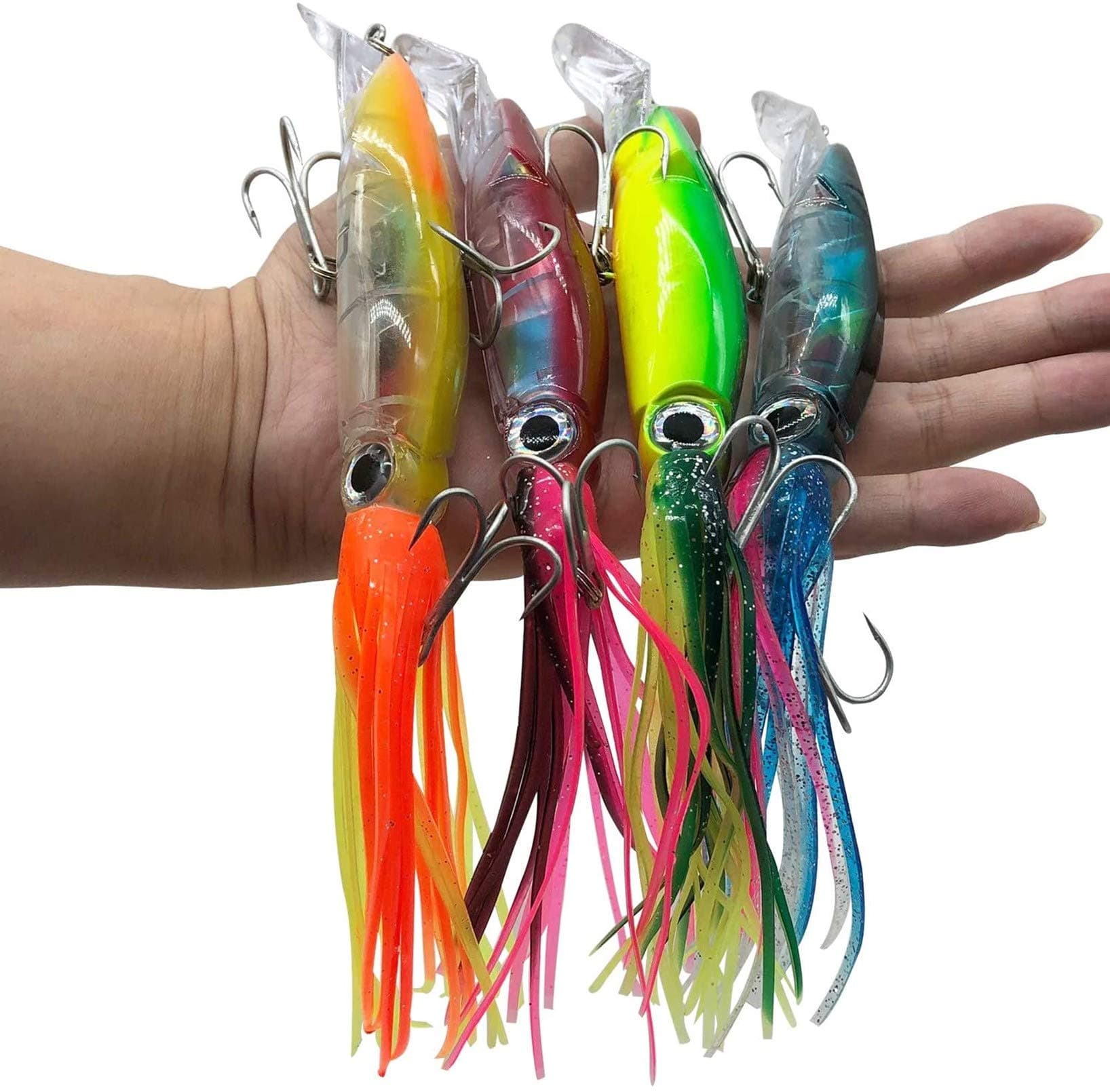 4 Pcs Large Simulation Squid Fishing Lures Bait Kit,3D Holographic Eyes，Built-in Multicolored Lead BlocksThrough Heavy Duty ，Stable and Tempting