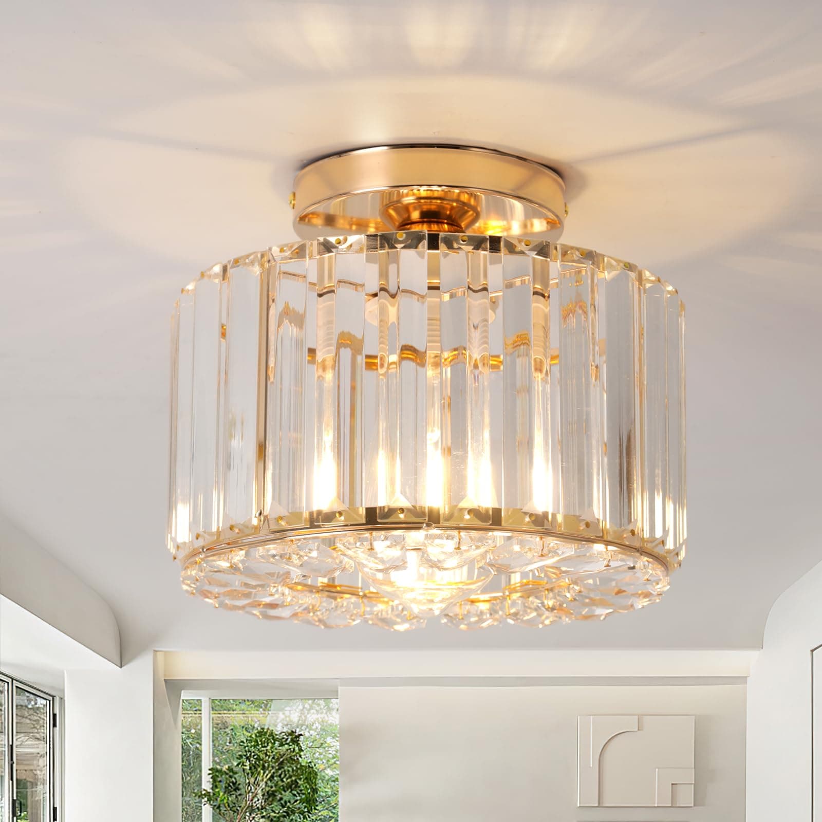 ZYDTRIP Crystal Ceiling Light Fixture Semi Flush Mount Ceiling Lamp Modern Gold Crystal Chandelier for Living Room Hallway Dining Room Kitchen