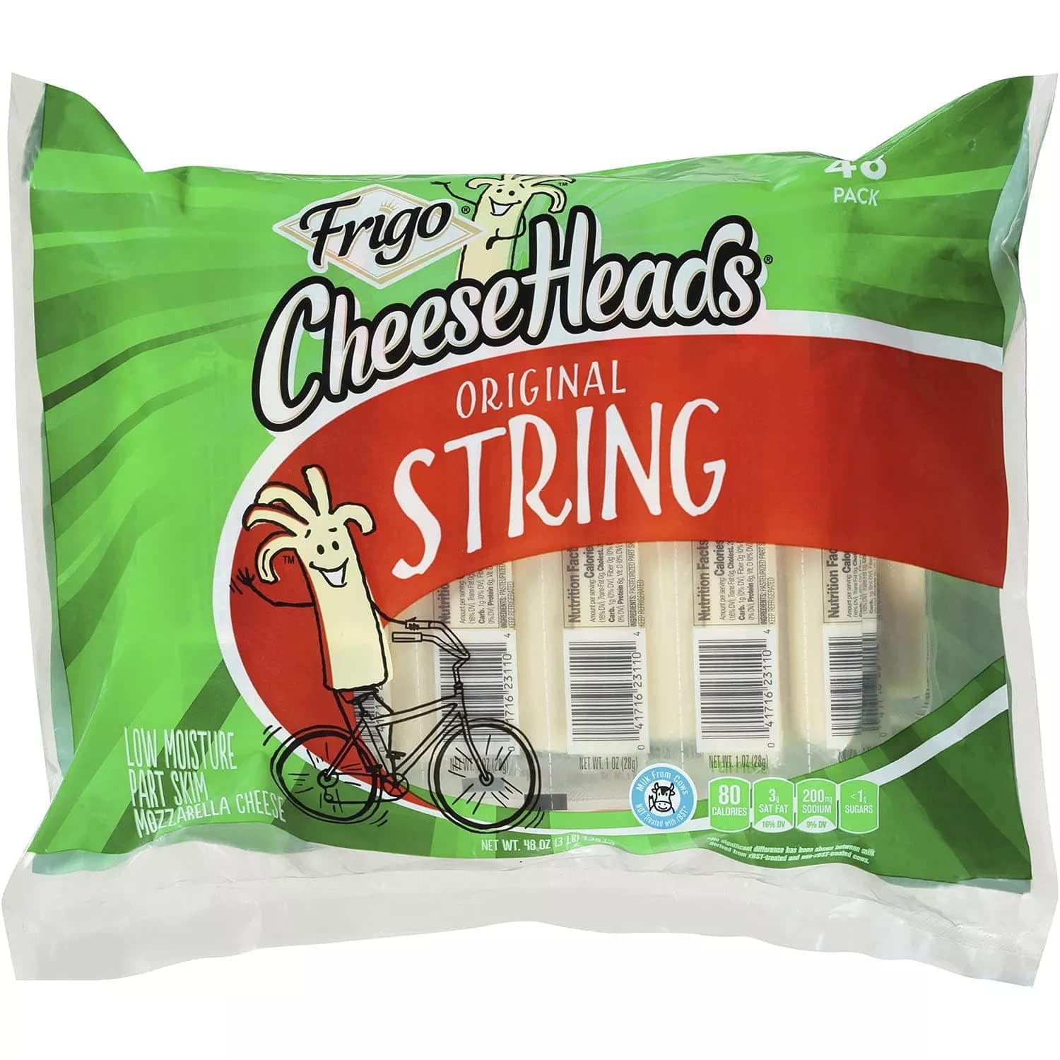 Cheese Heads String Cheese, Low-moisture part-skim mozzarella cheese Sticks 1 Pack (1 oz, 48 ct)