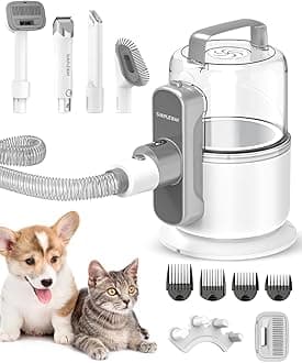 Dog Vacuum Grooming Kit for Shedding: Professional Hair Clippers Pet Groomer - Strong Suction Cleaner Deshedding Tool Fur Brush Attachment Trimmer for Home Cat (Deep White)