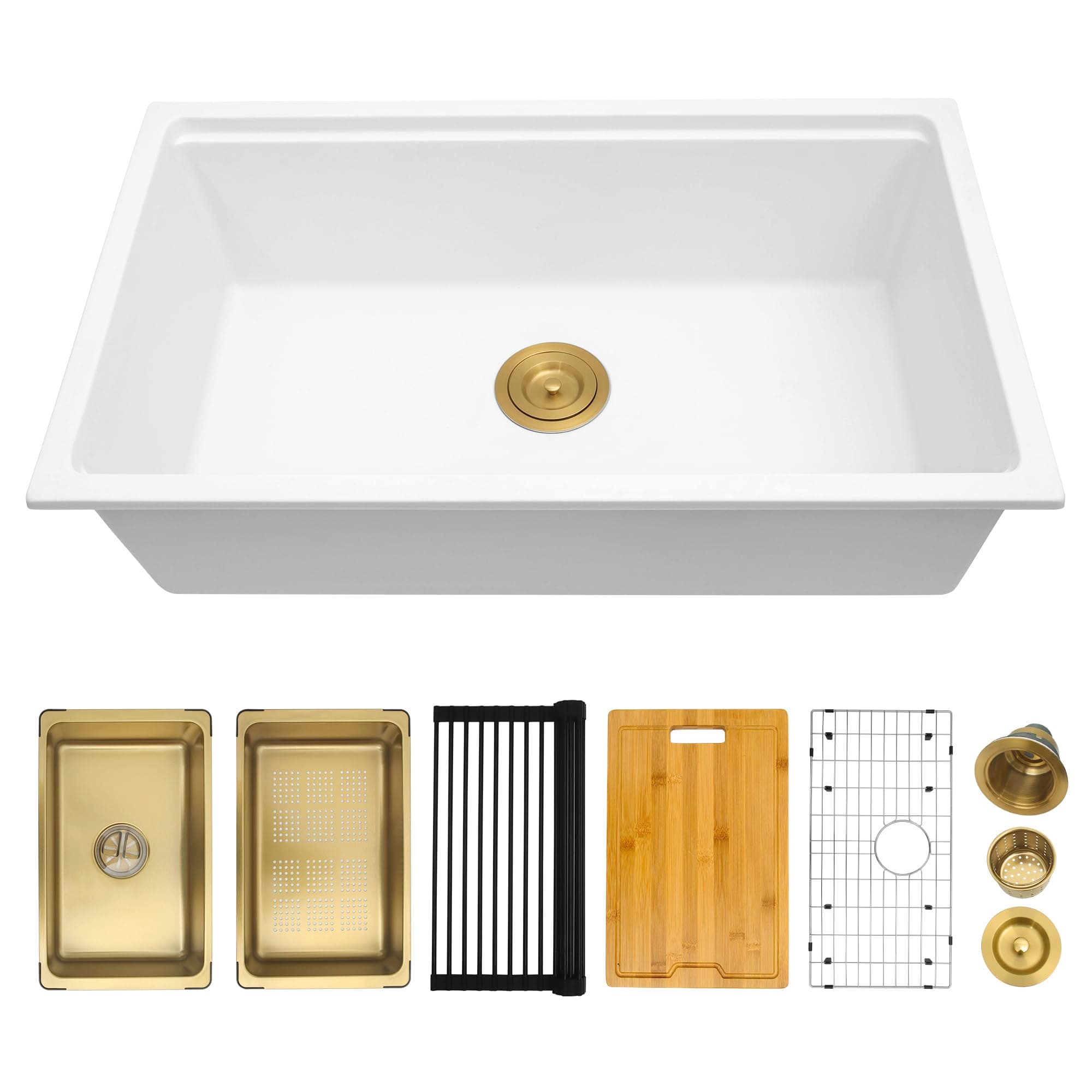 White Undermount Kitchen Sink 30 Inch - Drop In Granite Quartz Composite Workstation Sink - Deep Single Bowl,Dual Mount,with Accessories (White, 30" x 18")