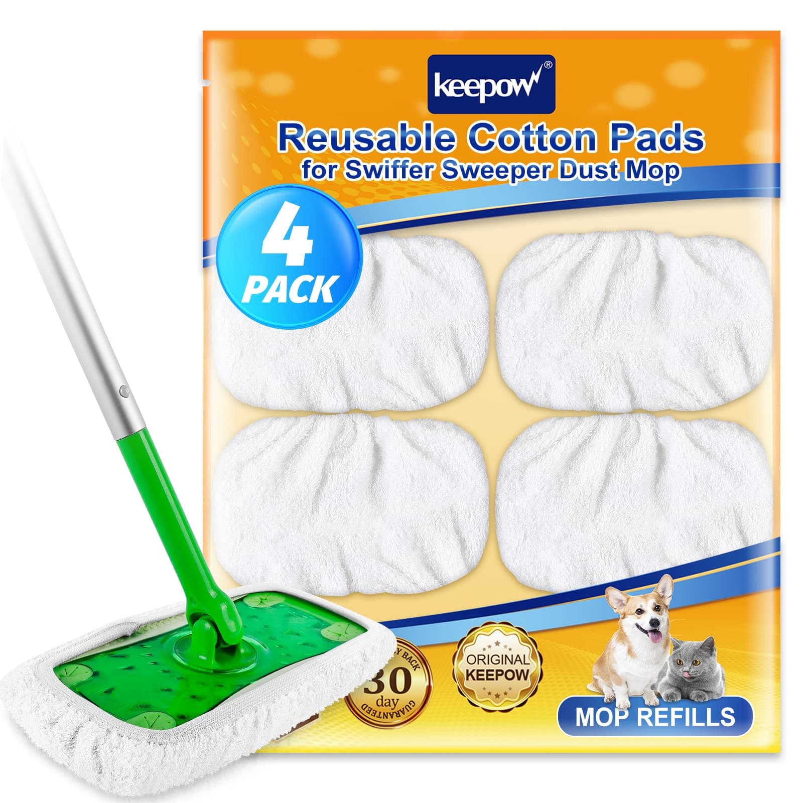 KEEPOW Reusable Wet Pads for Swiffer Sweeper Mop, Dry Sweeping Cloths, Washable Duster Mopping Refills for Wet & Dry Floor Cleaning, 100% Cotton, 4 Pack (Mop is Not Included)