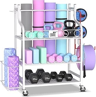 Mythinglogic Yoga Mat Storage Racks,Home Gym Storage Rack for Dumbbells Kettlebells Foam Roller, Yoga Strap and Resistance Bands, Workout Equipment Storage Organizer With Hooks and Wheels