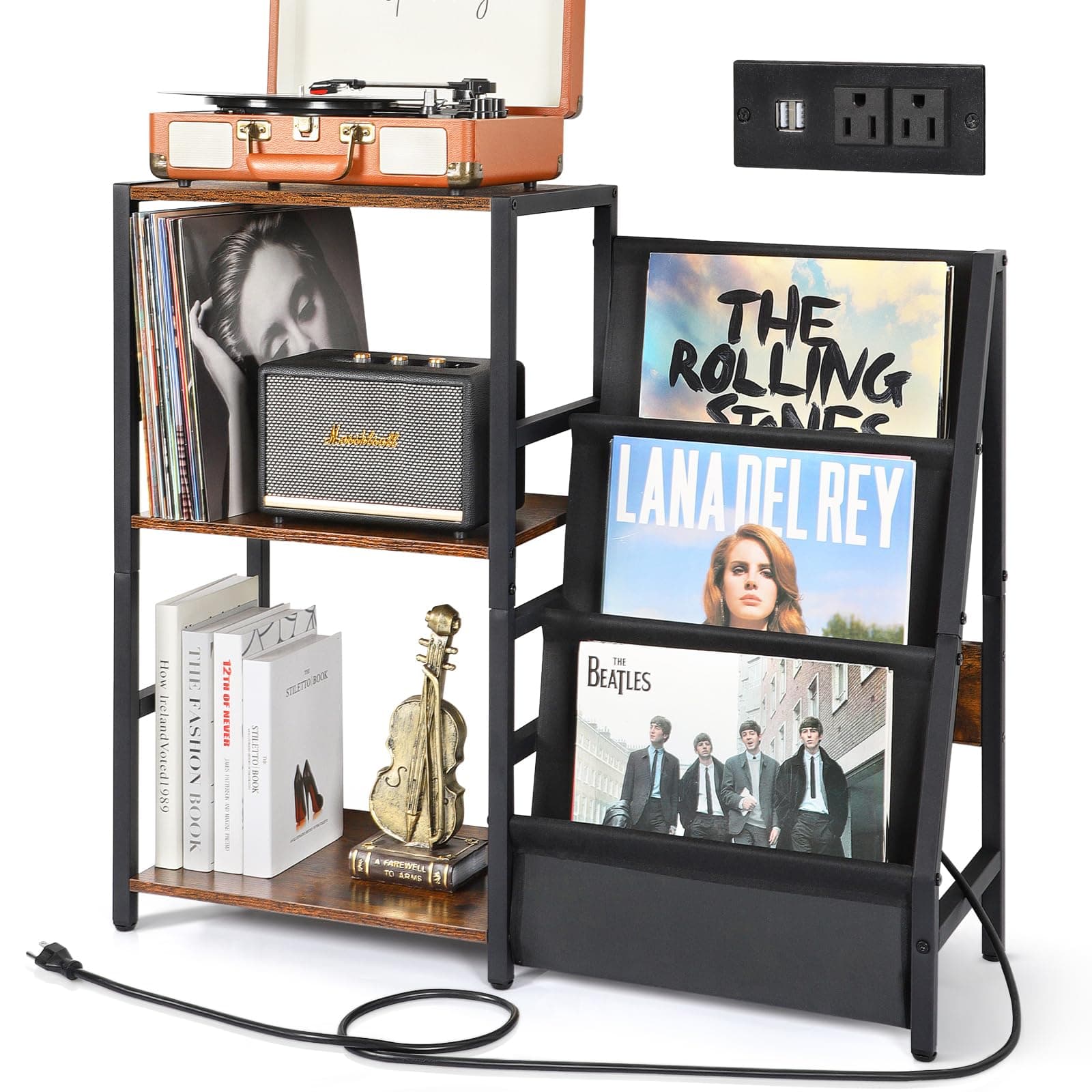 Record Player Stand with Power Outlet, Turntable Stand with 3-Tier Vinyl Record Storage, Record Player Table Up to 200 Albums, Records Shelf, Vinyl Record Holder Cabinet for Living Room