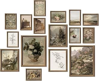 16 PCS Framed Vintage Wall Art Decor, French Country Farmhouse Gallery Wall Frame Set Prints for Bedroom Bathroom, Rustic Landscape Posters for Living Room Aesthetic, Cottagecore Dorm Home Collage Kit