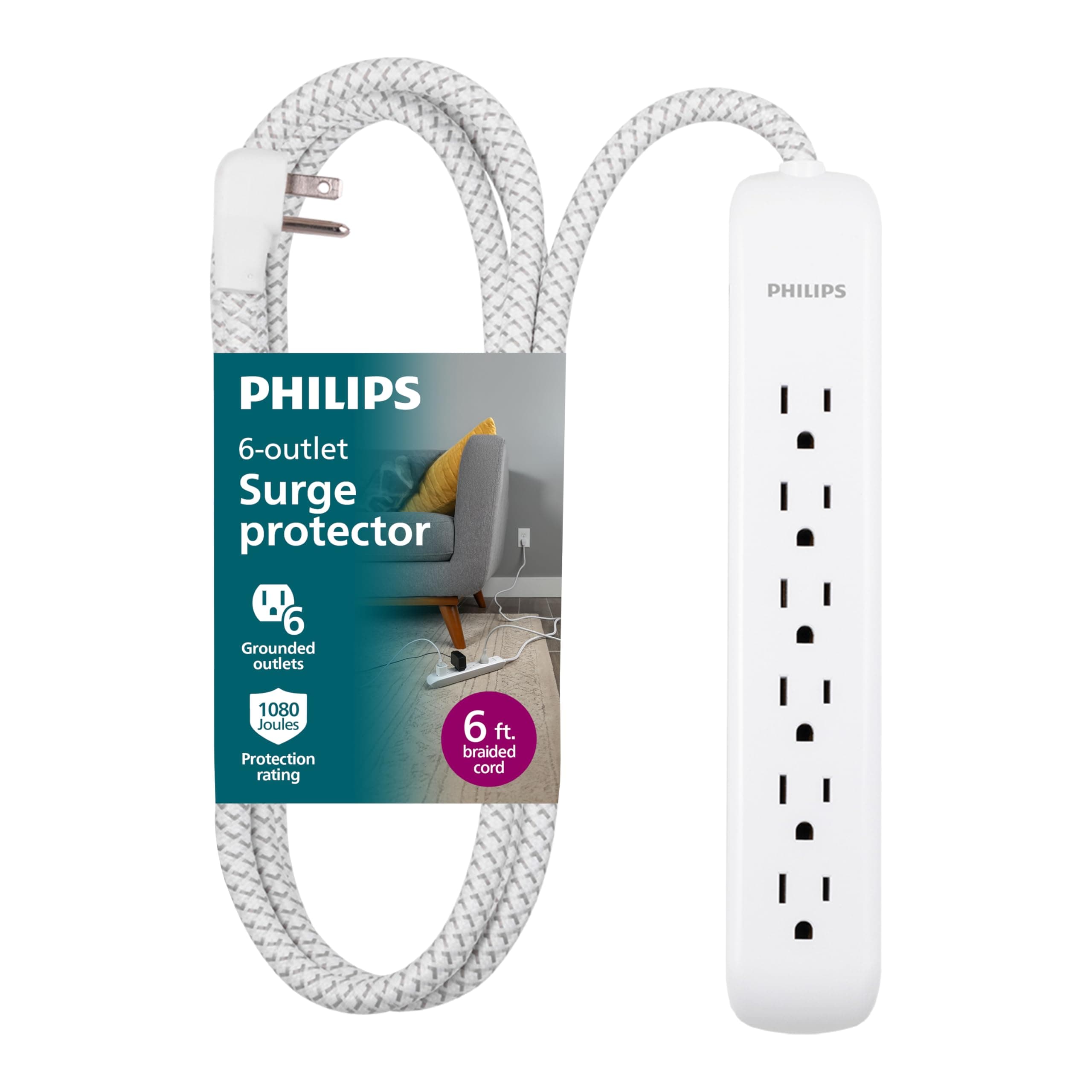 Philips 6 Outlet Power Strip Surge Protector, 6 Ft Power Cord, Designer Braided Extension Cord, Flat Plug, Perfect for Office or Home DÃƒ©cor, 1080 Joules, White, SPC3054WA/37