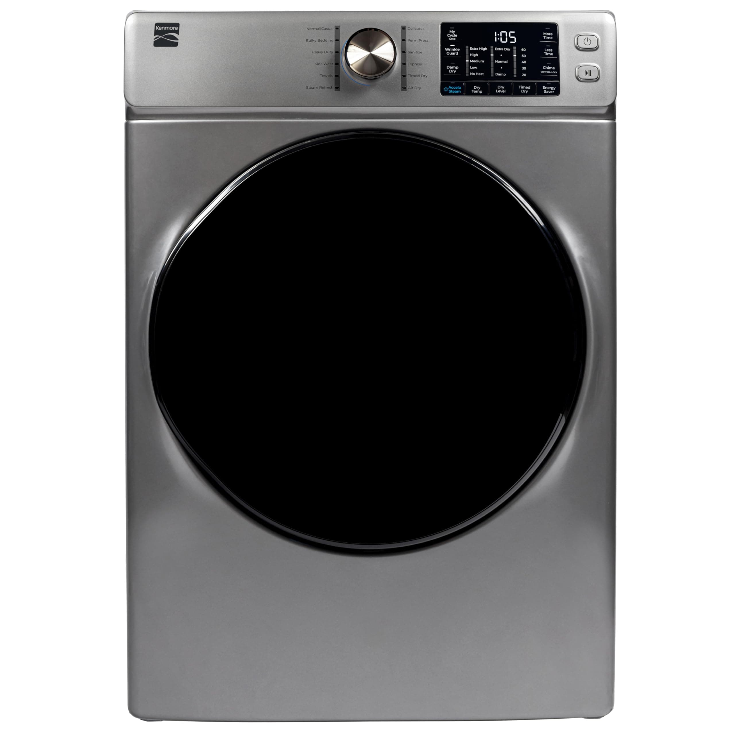 8.0 cu. ft. Front Load Electric Dryer with Wrinkle Guard & Accela Steam to Reduce Wrinkles, Static & Odors - Smart Sensor Drying - LED - ENERGY STAR Certified - Metallic Silver
