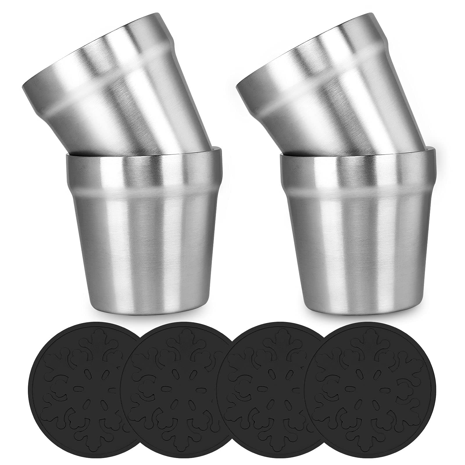 Youda Stainless Steel Double Wall Cups (Set of 4) – 175ml Stackable Coffee/Tea/Beer Glasses – Heat & Cold Resistant, Non-Toxic, Ideal for Kids, Travel, Camping (Silver)