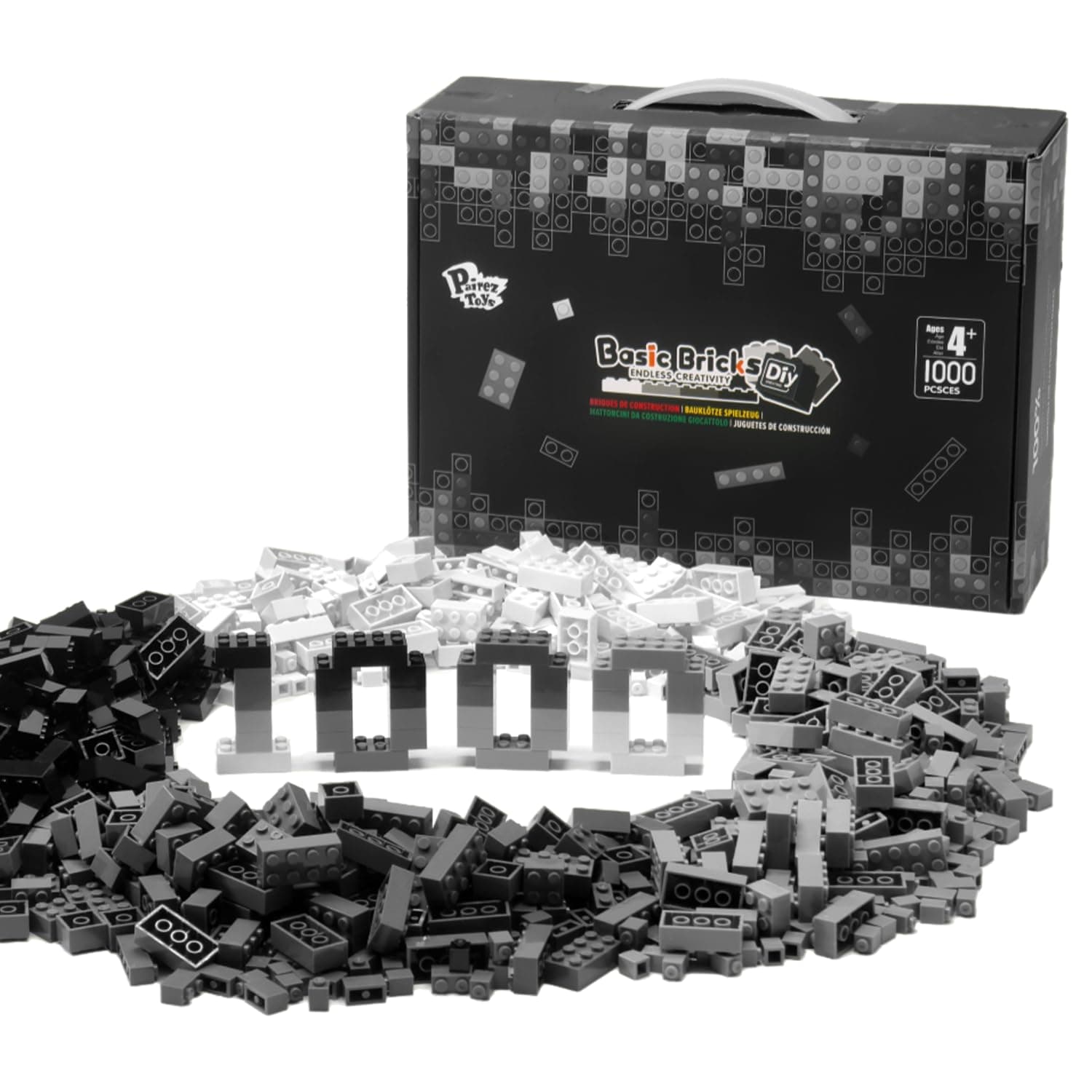 1000 Piece Blocks for Building, Classic Bulk 2x4 Basics Bricks Building Set, Compatible with All Major Brands, Creative STEM Building Toys for Kids Ages 4 5 6 7 8 (Black & Gray & White)