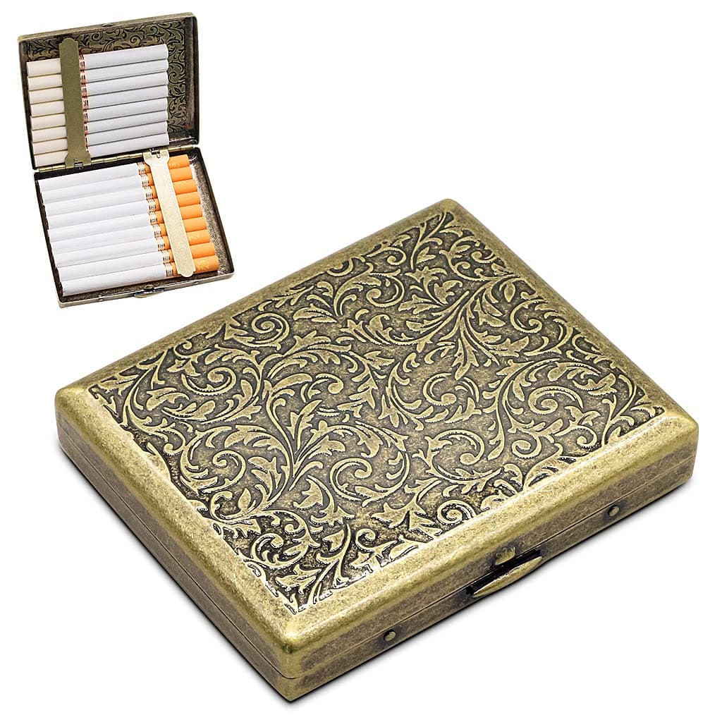GUSTAVE® 1 Piece Retro Cigarette Case with Gift Box Portable Cigarette Box for 20 Cigarettes Elegant Cigarette Box (Grass) Gifts for Men (Bronze, 9.5x8.4cm)