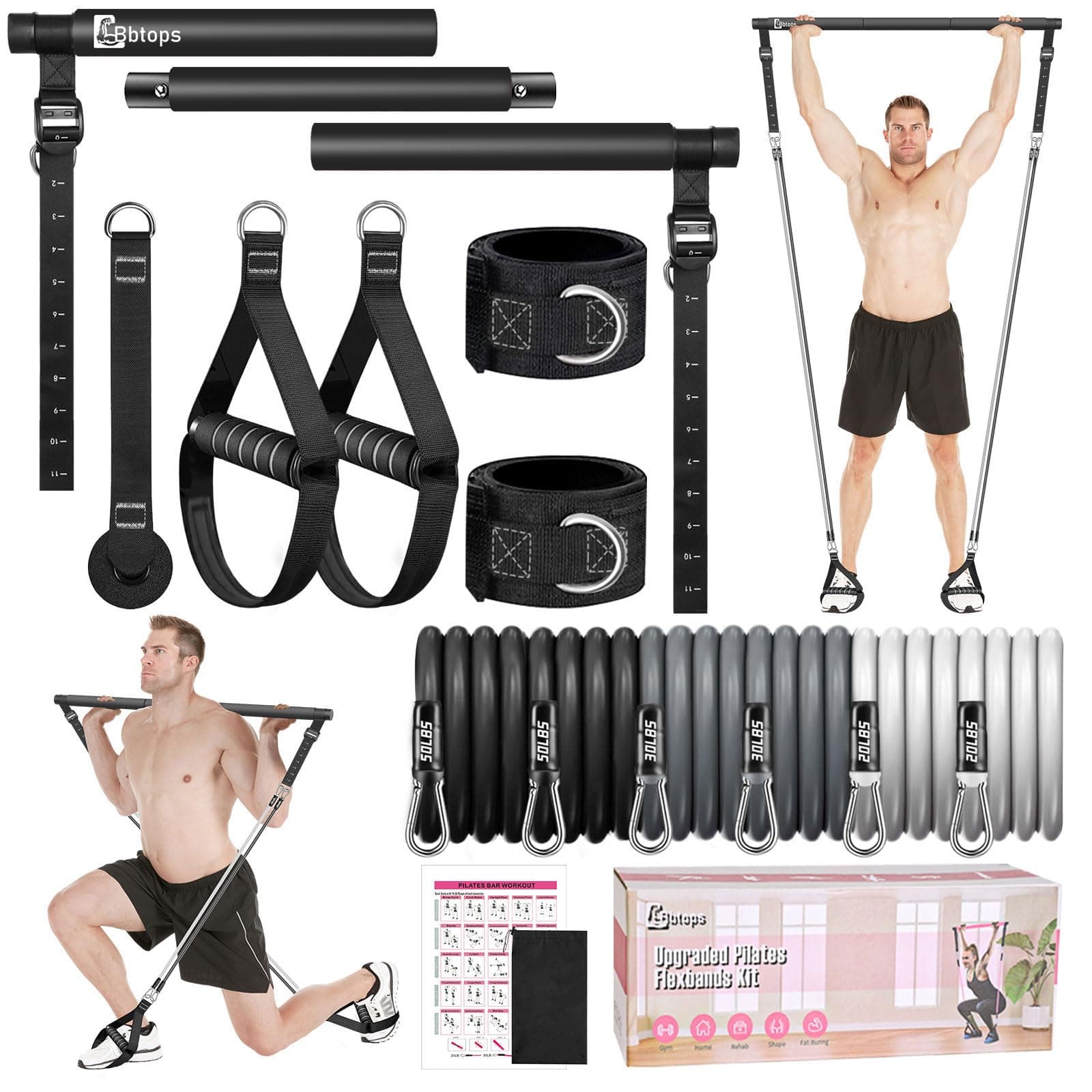 Bbtops Pilates Bar Kit with Resistance Bands,Pilates Bar with Stackable Bands Workout Equipment for Legs,Hip,Waist and Arm,Exercise Fitness Equipment for Women & Men Home Gym Yoga Pilates
