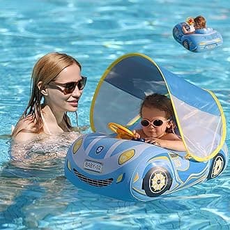 Baby Float with Canopy 3D Car Thick PVC Inflatable Baby Swim Pool Floats Seat Boat with Sun Shade Cover and Steering Wheel Baby Swim Floatie for Kids Infant Toddler Age 1-4 Years Old Girls Boys