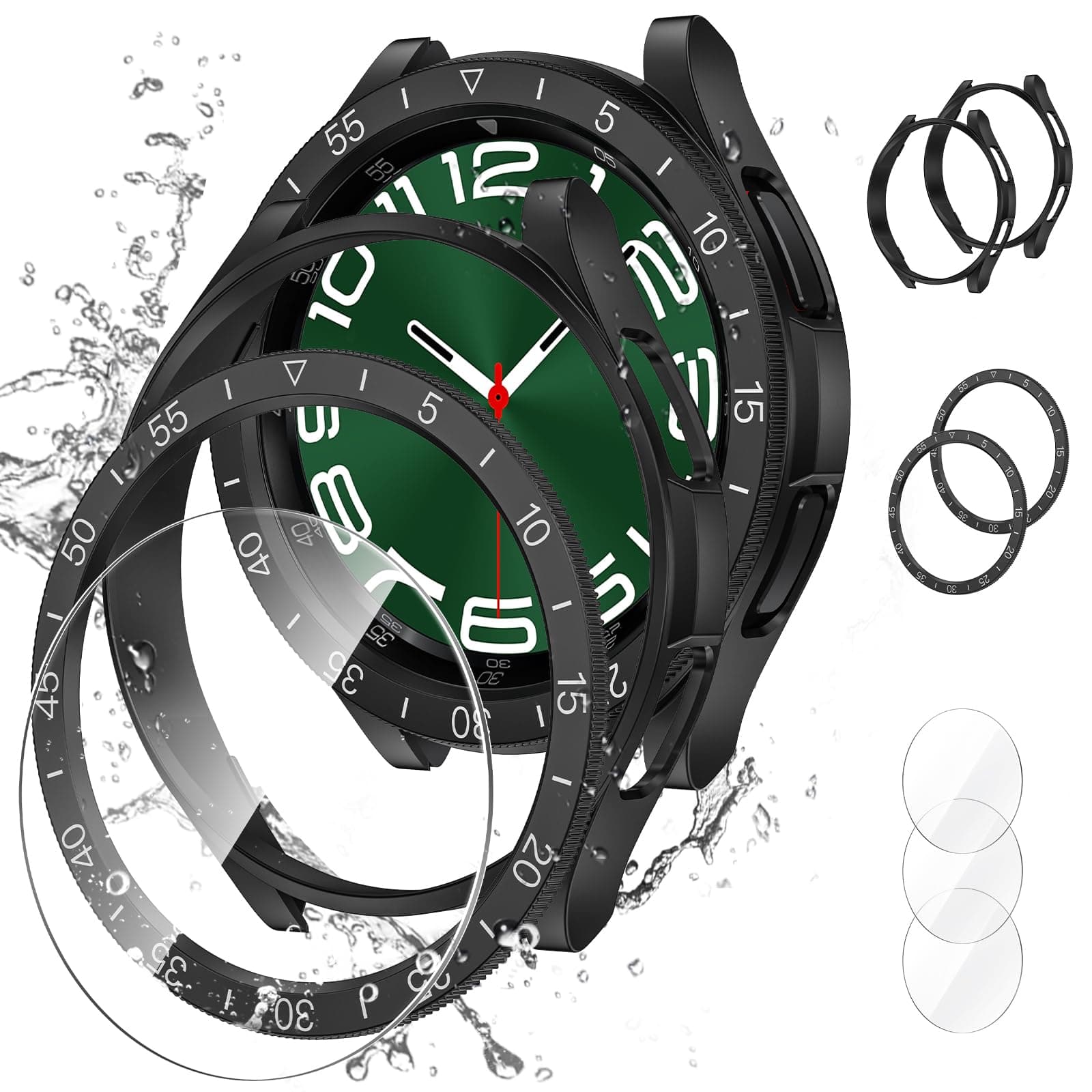 [2+2+3 Pack] Goton 3 in 1 for Samsung Galaxy Watch 47mm Screen Protector Case, HD Tempered Glass Screen Protector Hard PC Case Bezel Ring Cover for Galaxy Watch 6 Classic, Black with Indices