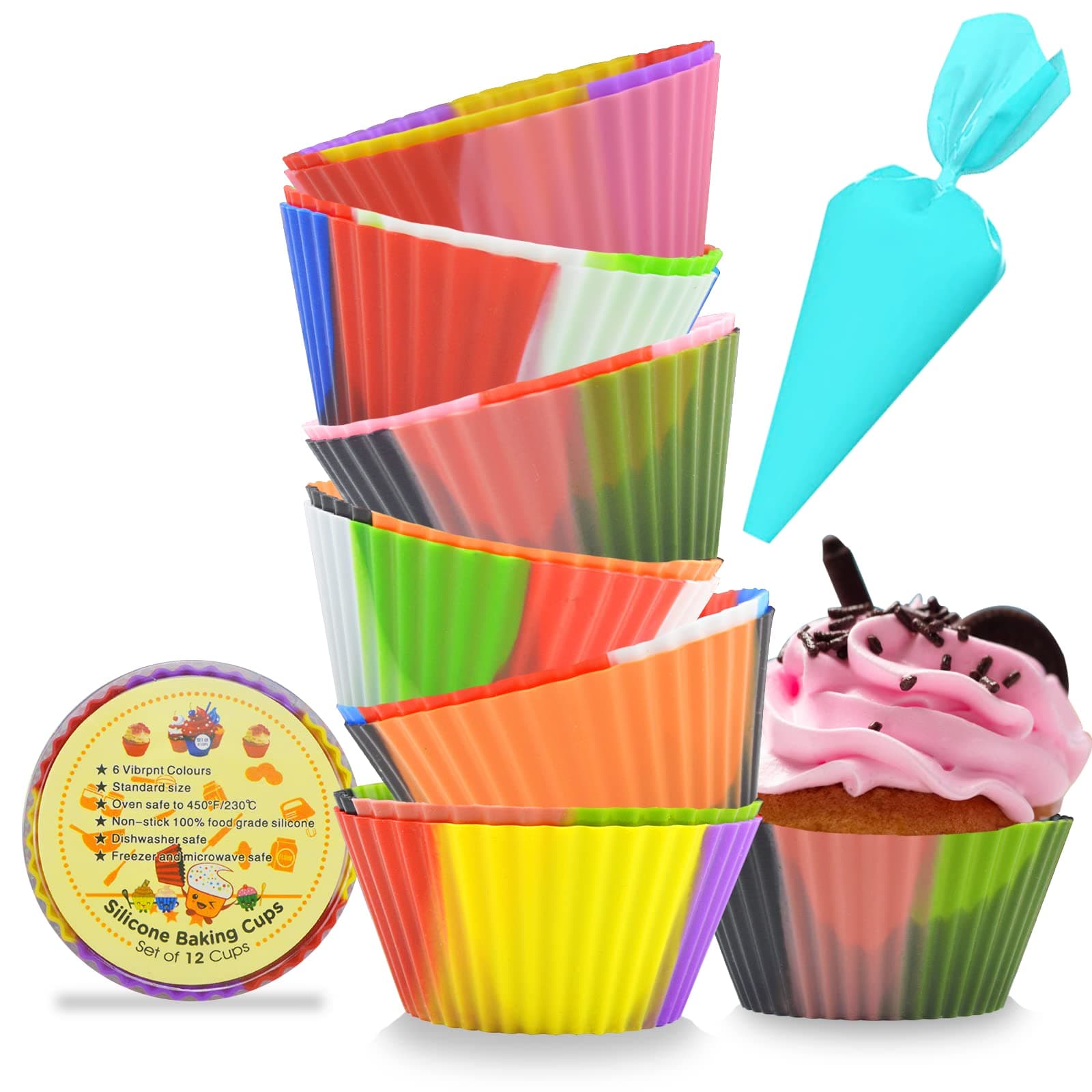 Silicone Rainbow Combo Cupcake Liners with Pastry Bag, Reusable & Non-stick Baking Cups, Standard Muffin Cups Chocolate Holders Truffle Cups (12PCS,6 Colors)