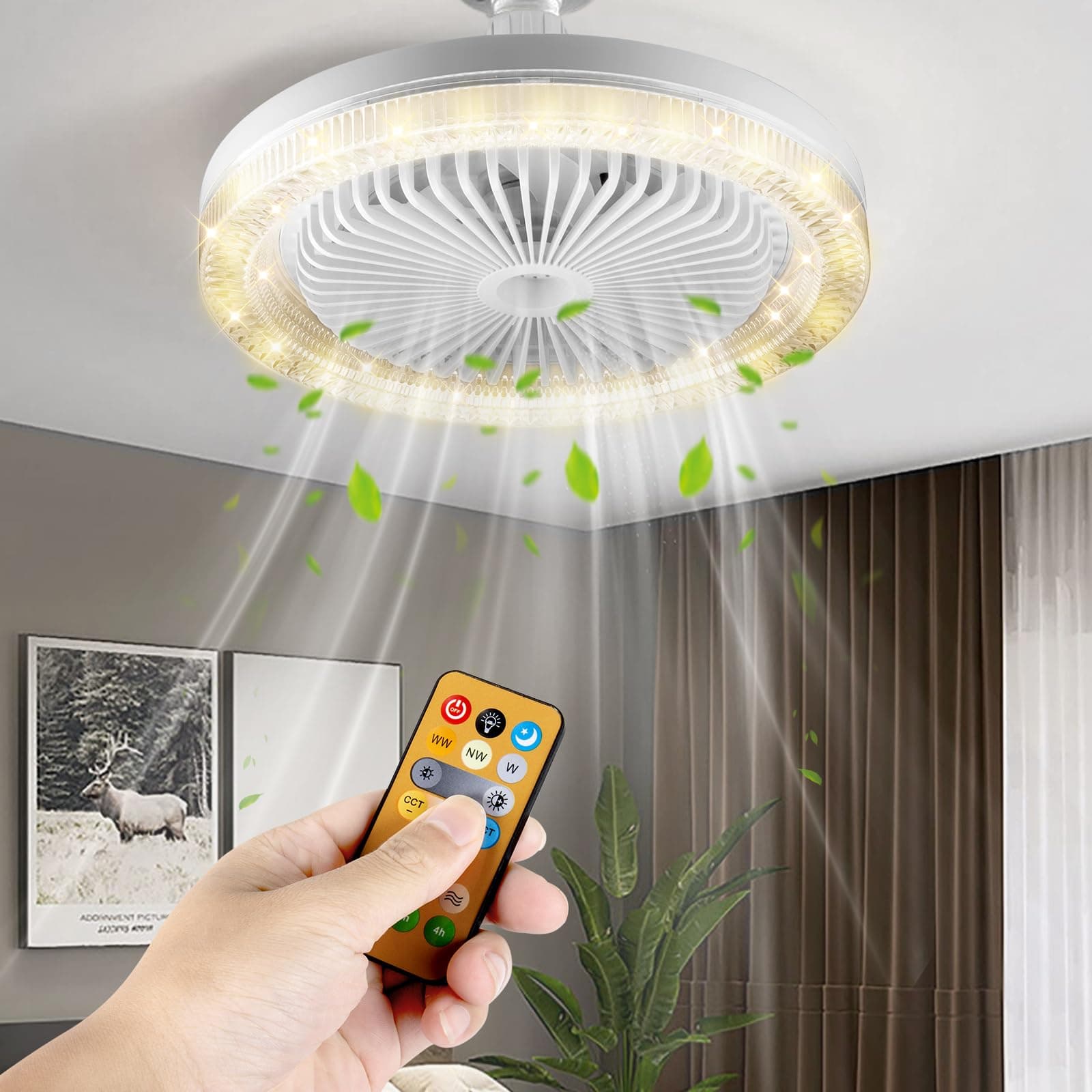 LED Ceiling Light with Fan, Adjustable Angle,30W Dimmable Ceiling fan with Lamp, with Remote Control,Timing and 3 Speeds, E27 Lamp Holder,3000K-6500K for Small Spaces Bedroom Home Office (Unscented)