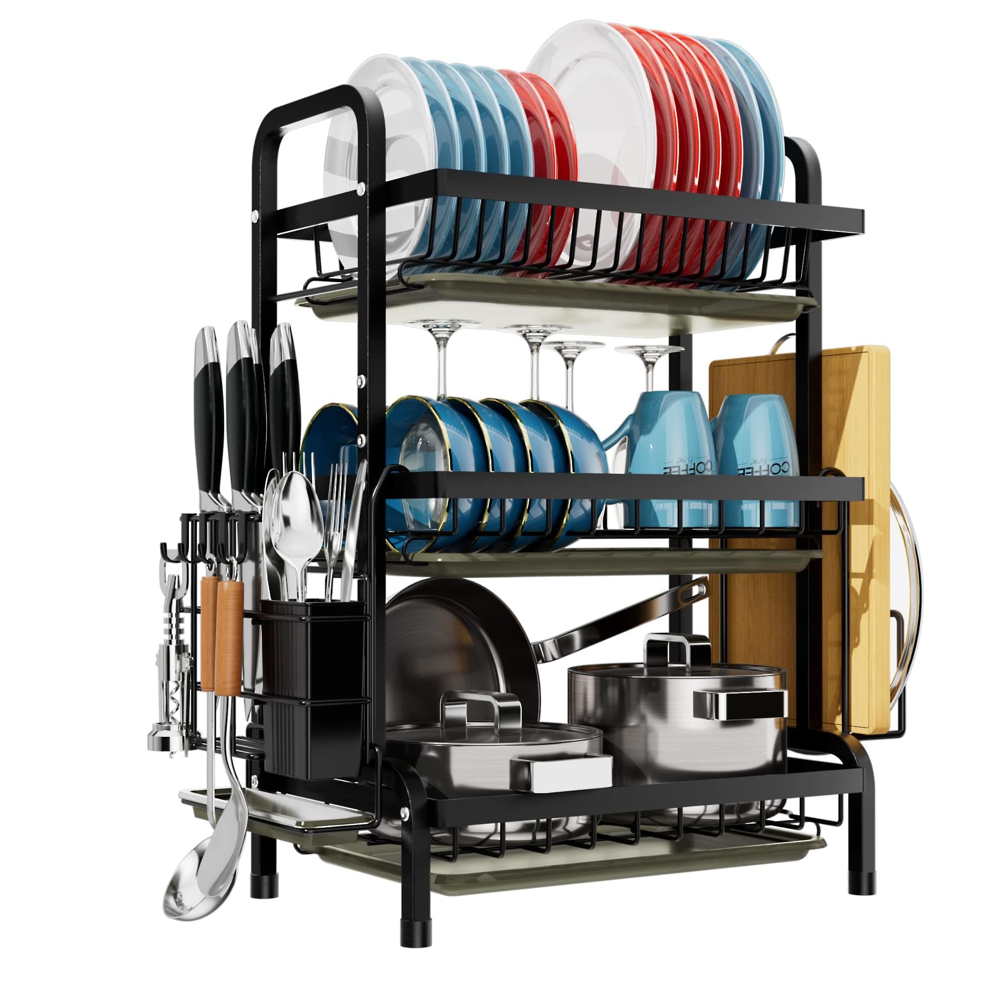 Dish Drainers Rack with Drip Tray, 3 Tier Large Dish Drying Rack with Draining Board and Cutlery /Chopping Board Holder over Sink, Dish Dryer Rack For Plate/Utensil on Kitchen Countertop (3-tier)
