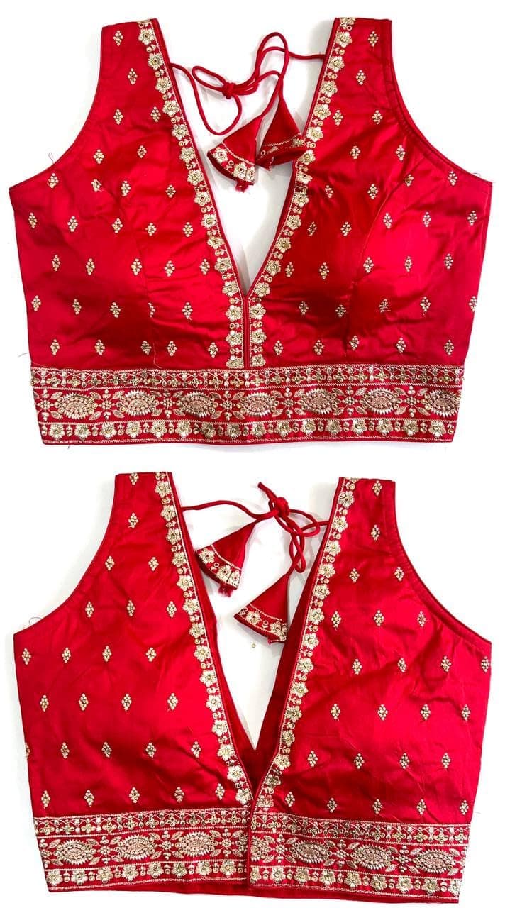 Women's Silk Deep V Cut Neck Embroidery Work with Handwork Sleeveless Readymade Blouse (38" Stitched and Upto 42" Margin)