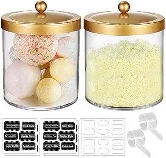 2 Pack 50 Oz Large Apothecary Jar for Bathroom, SheeChung Premium Plastic Storage Jar with Lids, Laundry Vanity Snack Canister Jar for Bath Bomb, Cotton Ball, Laundry Pods(Gold)