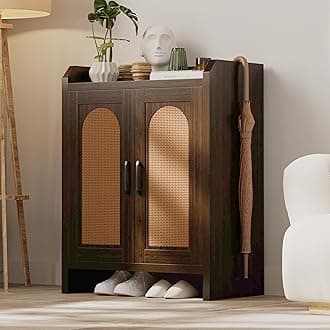 Mericonia Shoe Cabinet Storage for Entryway, Natural Rattan Storage Cabinet, Wooden Shoe Rack, Farmhouse Boho Wood Shoe Organizer Cabinet for Hallway Walnut