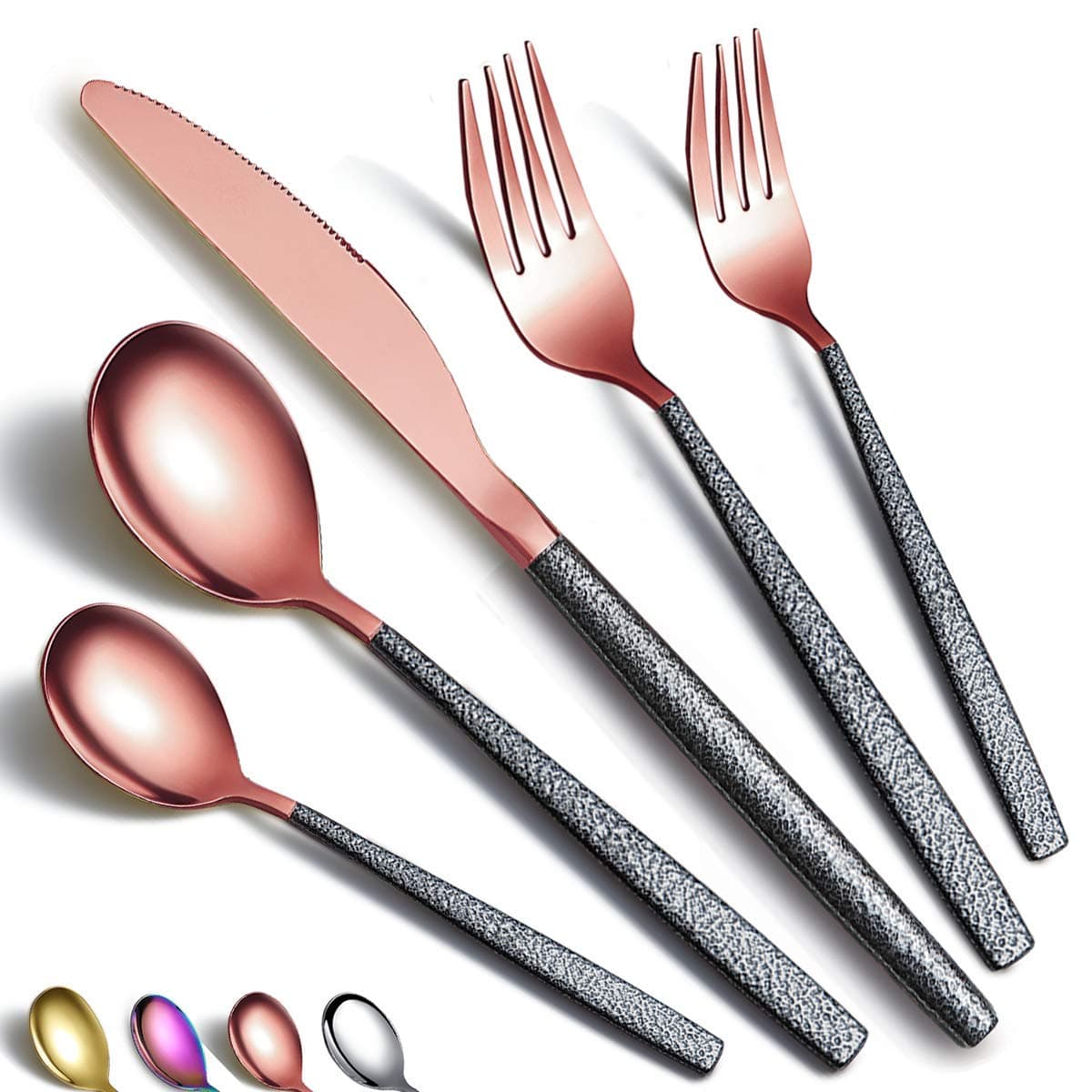 Silverware Set 20 Pieces Rose Gold Head Coating With Black Mars Handle, Stainless Steel Copper Titanium Plating Knives Spoons Forks Flatware Set Utensils Set Cutlery Set Service For 4