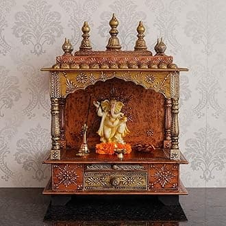 UNIVERSAL ART Mango Wooden Temple/Mandir/Pooja Ghar/Mandapam with Drawer Mangal Beautiful Puja Stand for Home and Office | Handcrafted Wall Mounted Engineered Ethnic Big Size(Size- 28D x 46W x 61H CM)