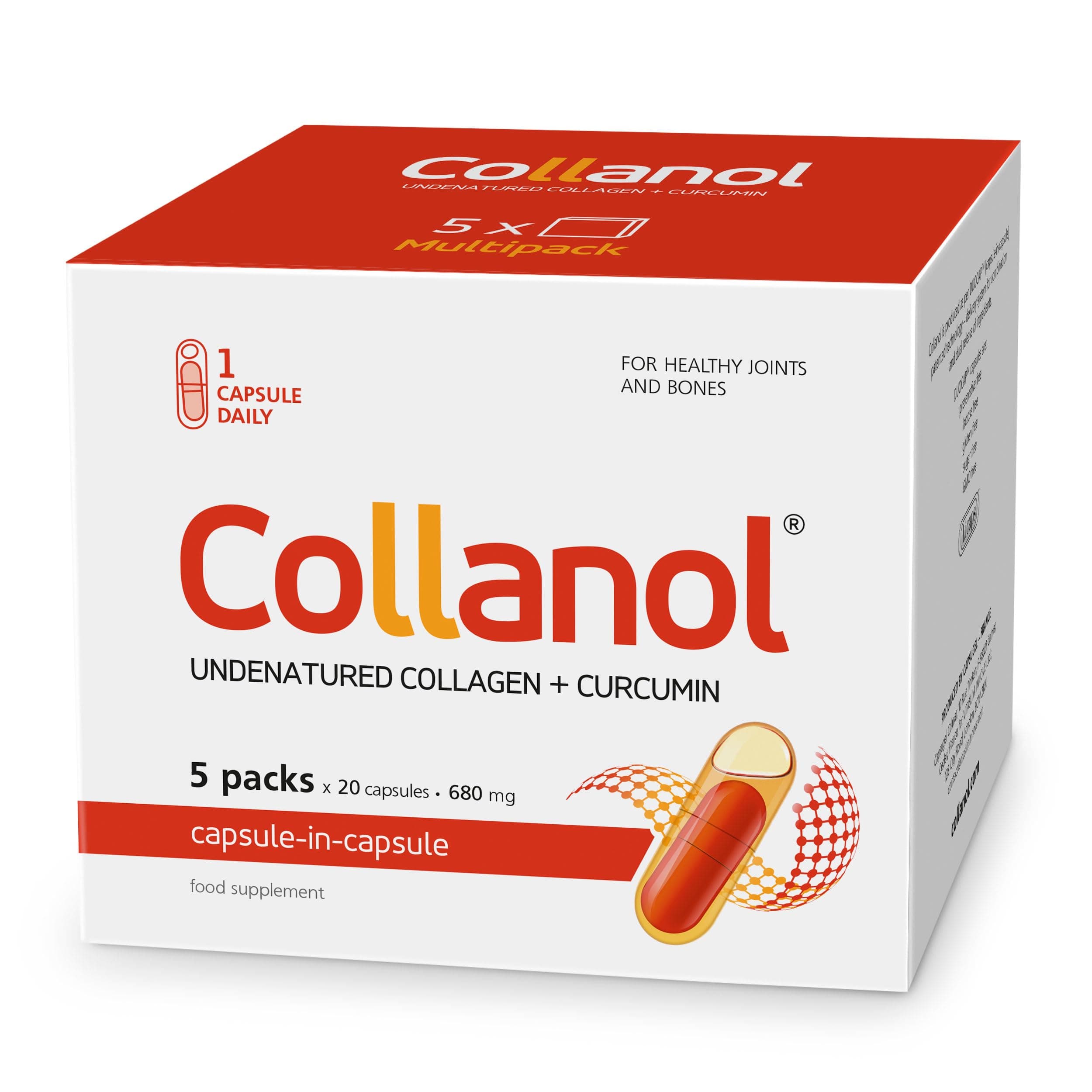 Collanol - Revolution in Joint Care - Double Capsule Liquid Formula 3D Collagen + Turmeric Root Micellar Extract 1 Capsule Per Day Laboratory Tested (100 Capsules)