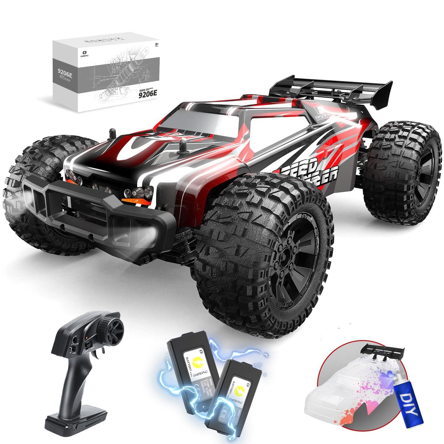 9206E DIY Extra Shell 1:10 Scale Large RC Cars,48+ KM/H Hobby Grade High Speed Remote Control Car for Adults Boys,All Terrain 4WD 2.4GHz Off Road Monster RC Truck with 2 Battery for 40+ Min Play