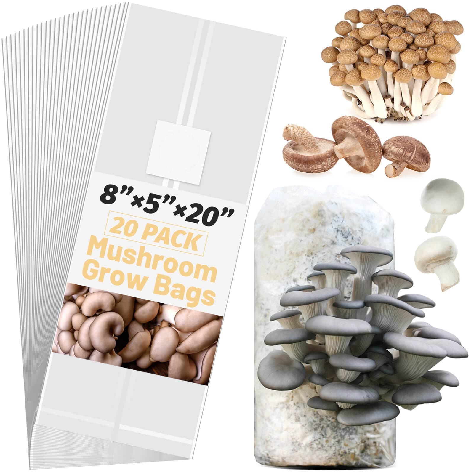CLESDF Mushroom Spawn Bags, 20Pcs Large Extra Thick 6 Mil Mushroom Growing Bags, 8" x 5" x 20" Sealable Mushrooms Substrate Bag for Mushrooms Cultivation, Sawdust Fruiting Blocksgs