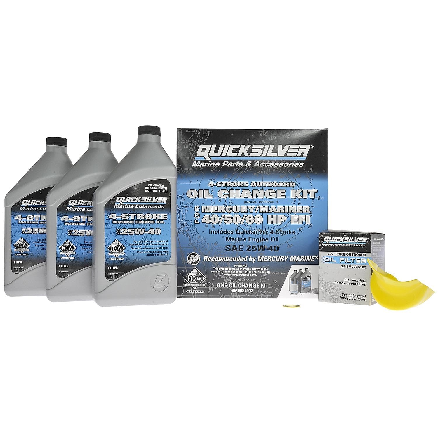 Quicksilver 4-Stroke Oil Change Kit – for Mercury Outboard Engines – 15, 20, 25, 30, 40, 50, 60, 75, 90, 115, 150, 175, 200, 225, 250, 300, 350, 400 HP