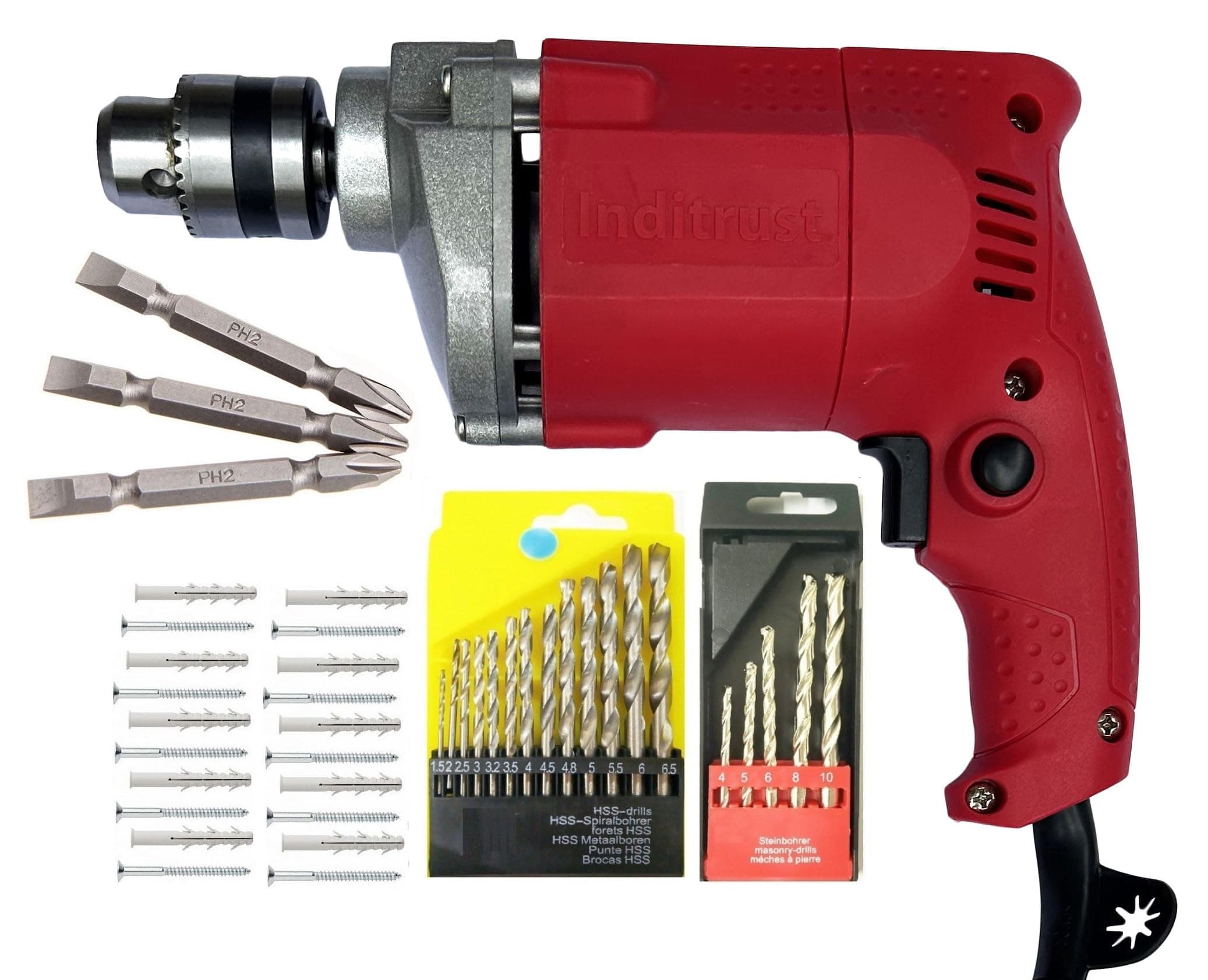 New 10MM Drill Machine with 10+10 Screw Gitti 13pc hss 5pc Masonry 3pc Ph2 bit 65mm Power & Hand Tool Kit 100% Copper Winding