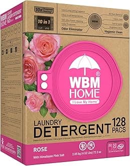 WBM 10-in-1 Laundry Pods, Total 128 Count, High Efficiency, Ultra Concentrate with Powerful Stain Lifter Technology, Fabric Softener With Rose Extracts, Detergent Pods