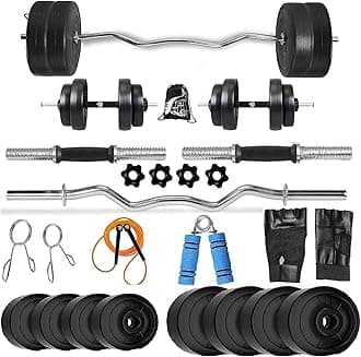 BODYFIT Home Gym Combo Dumbbell Set, Gym Equipments, 3ft Curl Rod + 2 New Model Dumbbell Rods, Weight Plates, Exercise Set, Home Gym Kit. (45Kg Weight Set)