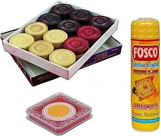 Optimus® Premium Carrom Combo O - 250 gm Disco Carrom Powder 1 Set Wooden Carrom-Men Coins & 1 Acrylic Striker