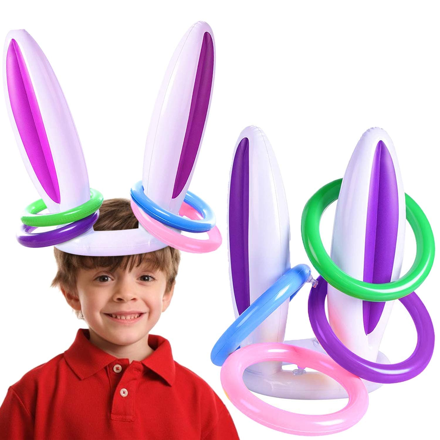 2 Pack Inflatable Bunny Rabbit Ears Ring Toss Games for Kids Family Easter Inflatable Toss Game Toys for Carnival Indoor Outdoor Game Easter Party Supplies Easter Activities (2 Rabbit Ears 8 Rings)