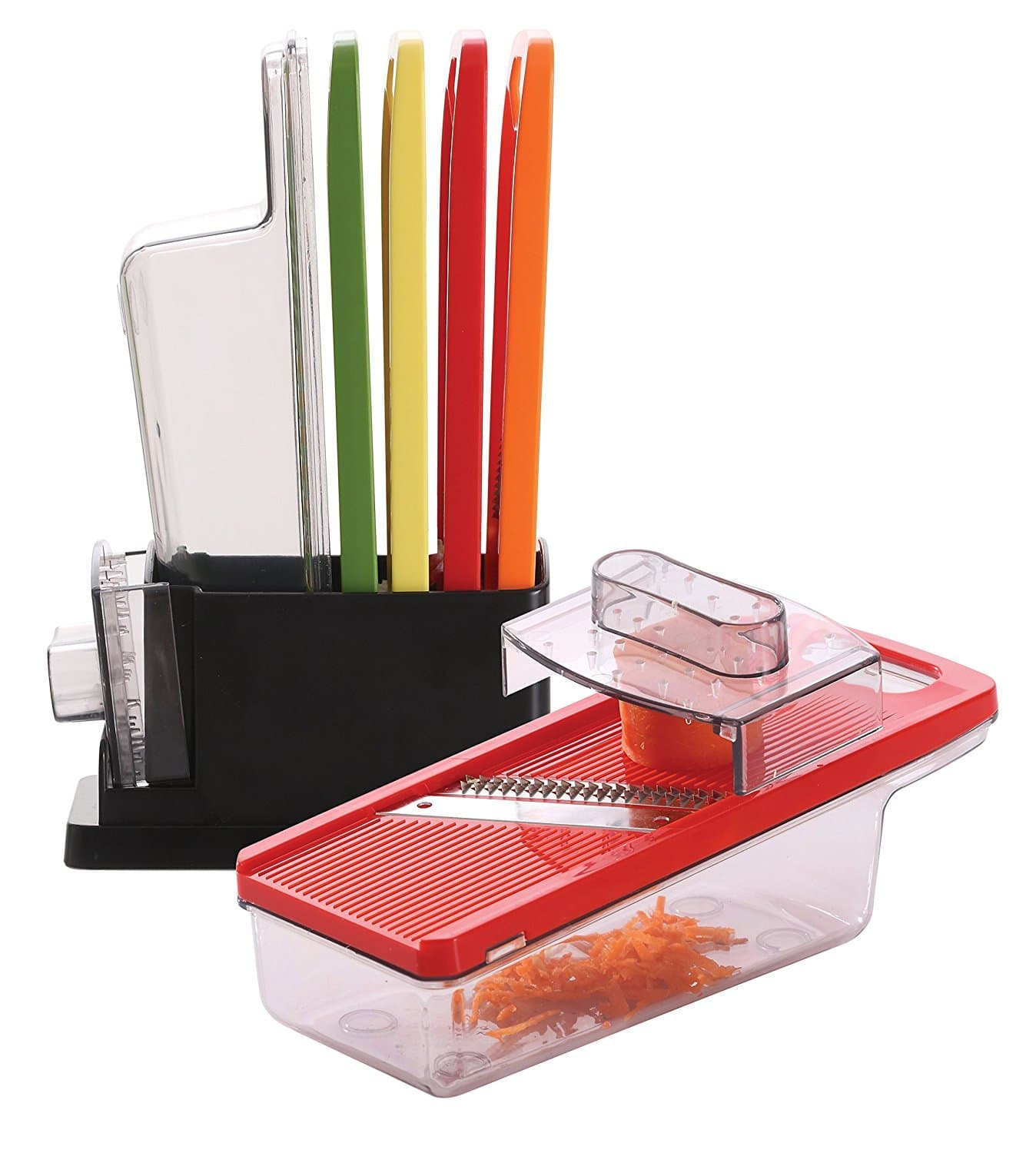 Zell Multipurpose Vegetable Slicer and Grater Set | 4 Interchangeable Stainless Steel Blades with Hand Guard & Storage Safety Stand | Durable Lightweight Slicer for Vegetables, Cheese & Potato