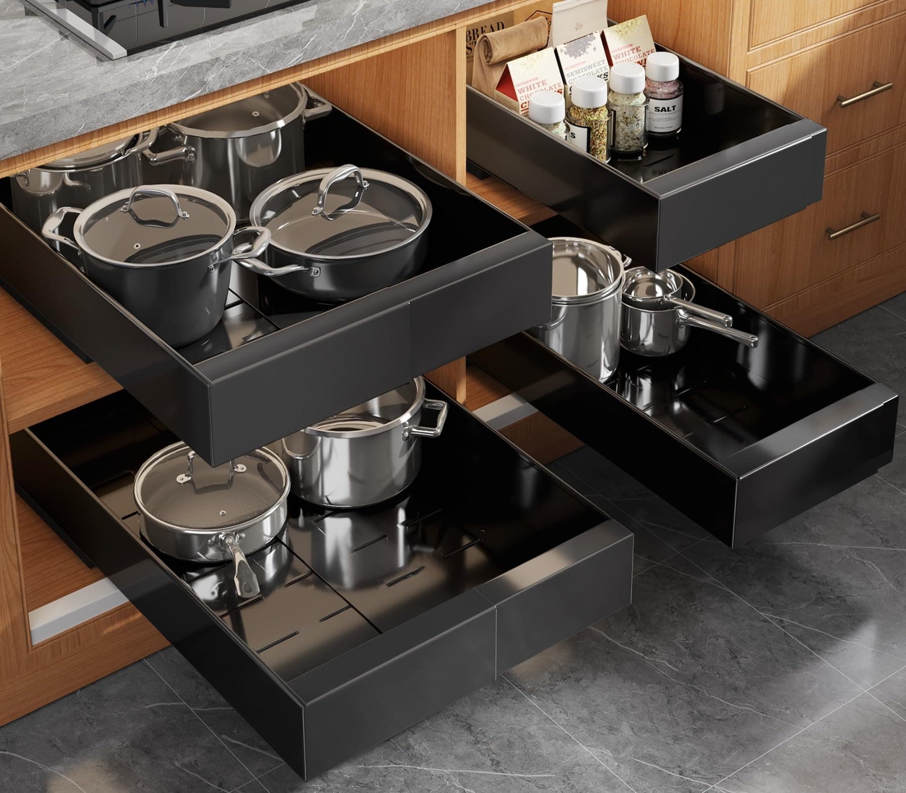 4 Pack Expandable Pull Out Cabinet Organizer 21" Deep With Raising Pad for Framed Cabinets,Upgrade 3 Slide Rails Slide Out Drawers,No Drill Roll Out Shelves,Adjustable Width 9"-14" Black