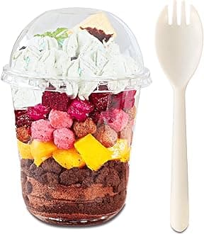 12 oz Clear Plastic Cups with Dome Lids No Hole and Sporks - (50 Sets) PET Disposable Dessert Parfait Cups for Ice Cream, Iced Cold Drinks, Cupcake, Fruit for Kids bday Party, Nice Sealing