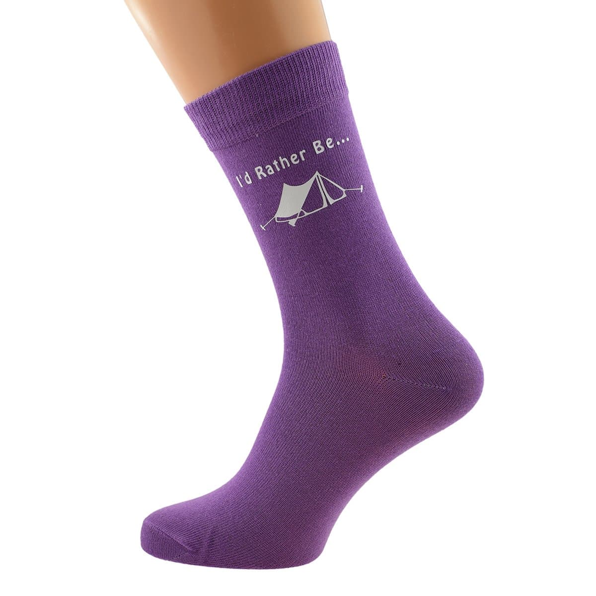 I'd Rather be Camping with Tent Image Printed in White on Ladies PURPLE Socks Great Mothers Day Present