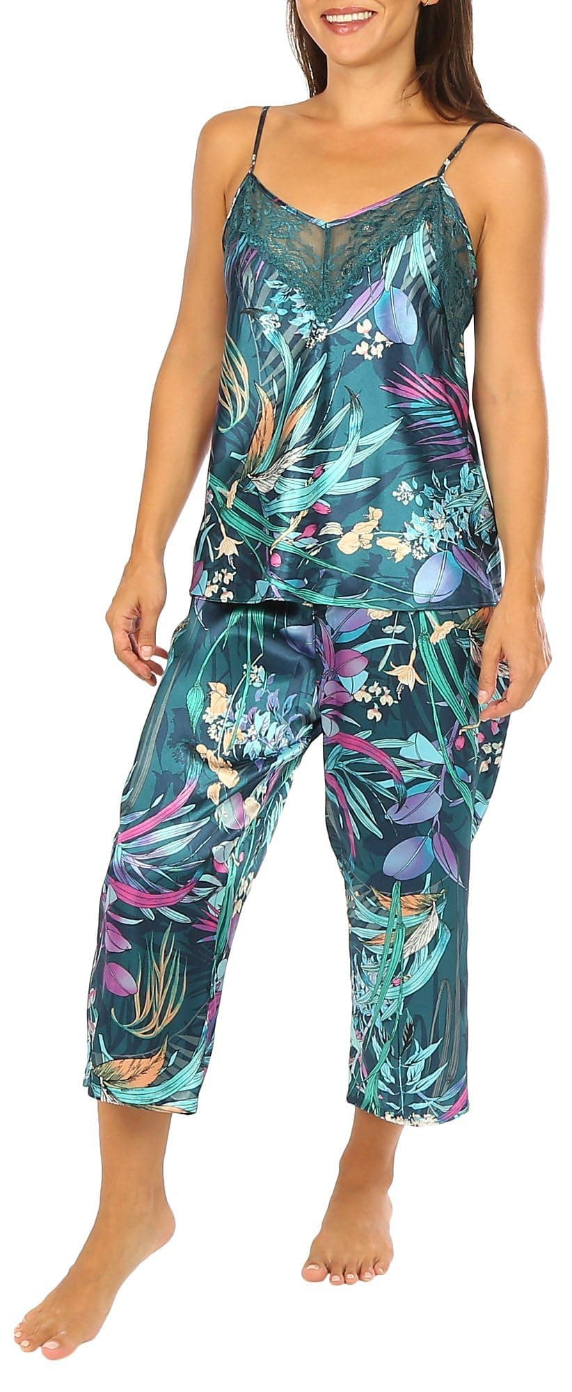Womens 2 Pc Botanical Pajama Pants Set Large Blue multi