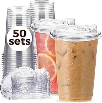 20 oz Clear Plastic Cups with Strawless-Sip-Lids, 50 Sets Disposable Cups Plastic Iced Coffee Cups, To Go Cups with Sip Through Lids for Smoothie, Milkshake, Cold Drinks for Party, Wedding, Event