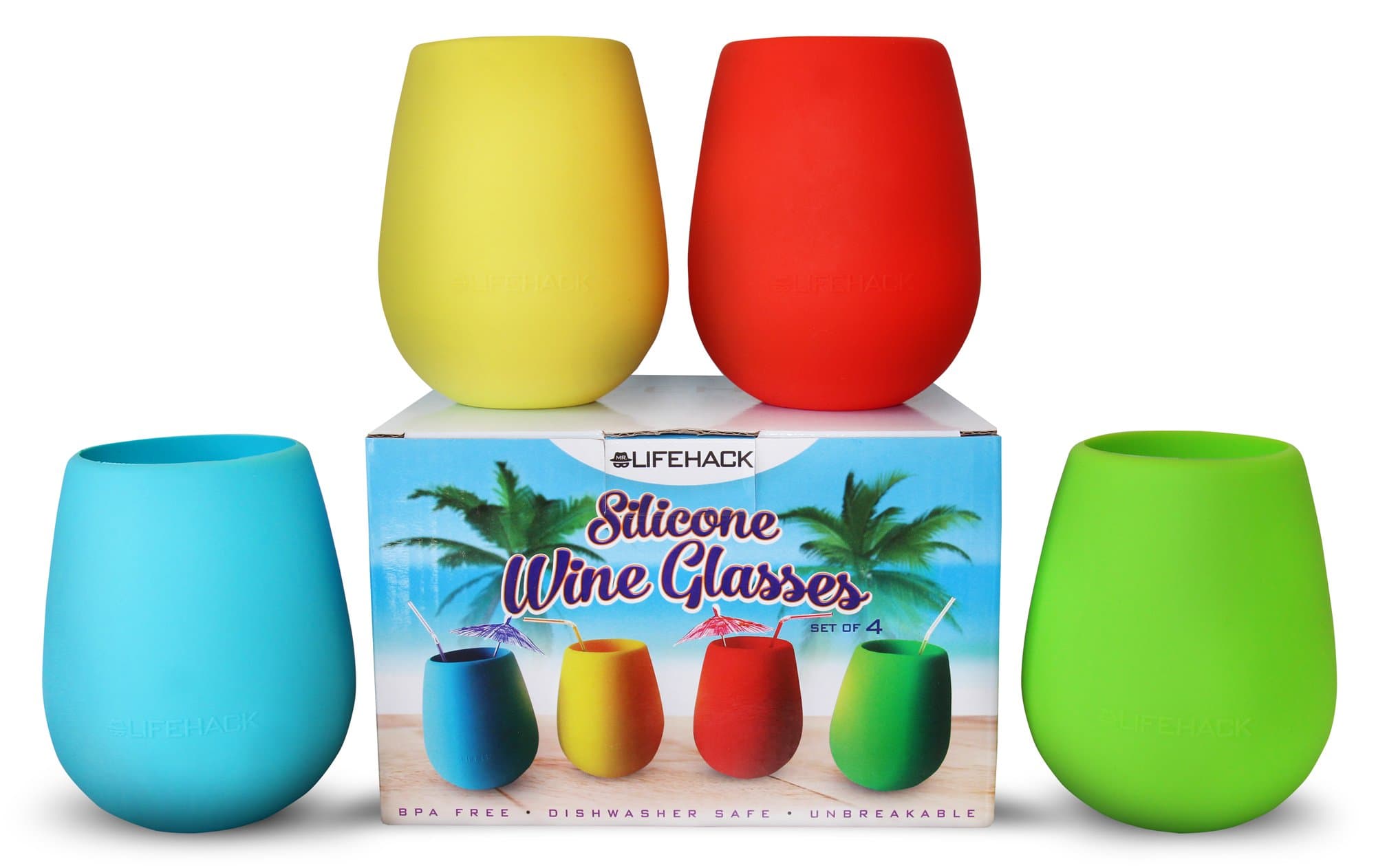 Silicone Wine Glasses (4 pack) by MrLifeHack - Never Break a Glass Again! - Unbreakable BPA FREE 12 oz Rubber Cups - Premium Shatterproof Drink-ware Set - Great for Kids, Outdoors, parties! Color