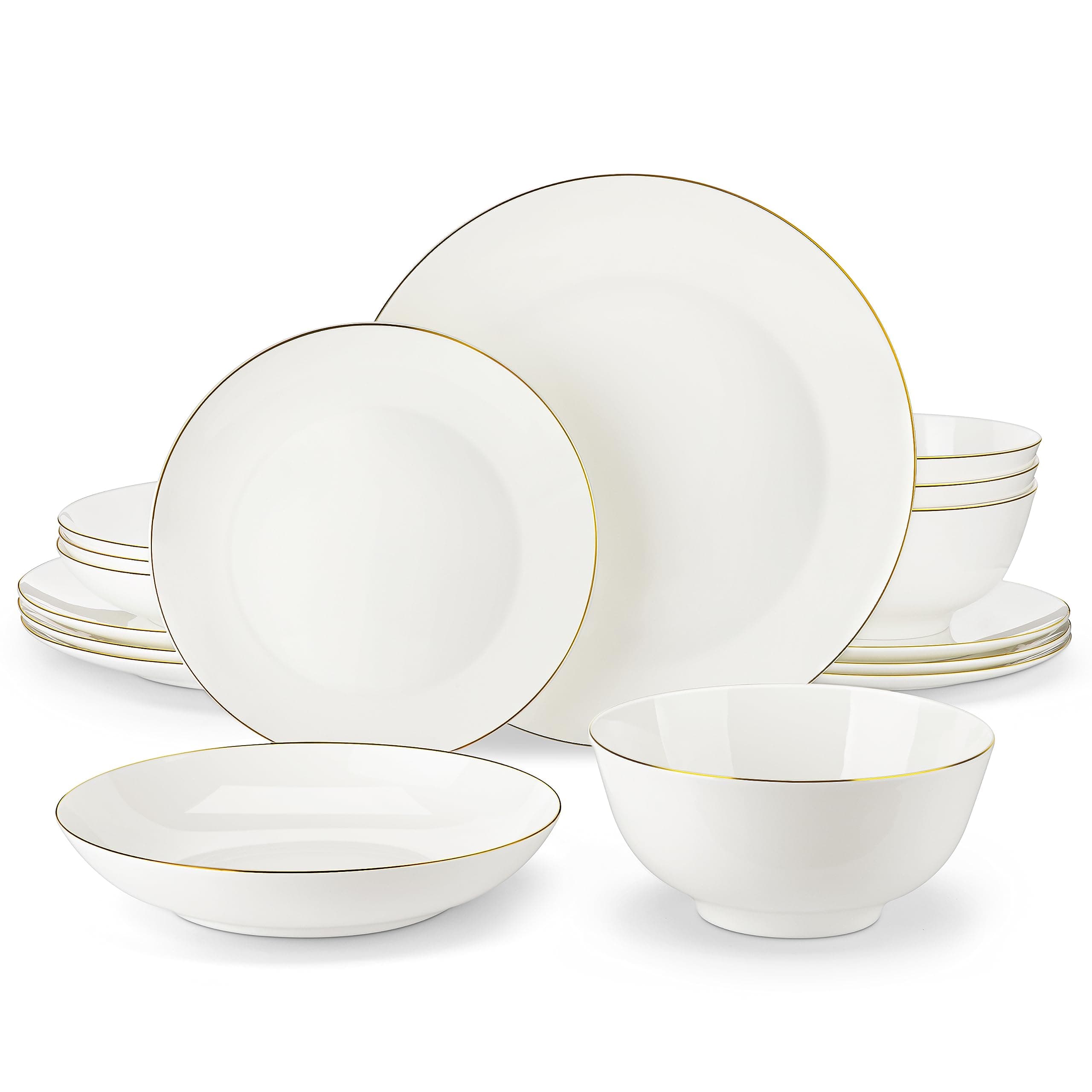 MALACASA Dinner Sets for 4, 16 Piece Fine Bone China Plates and Bowls Sets Round White and Gold Rim Dinnerware Sets with Dinner Plates/Bowls/Dessert Plate/Soup Plate, Series NORI
