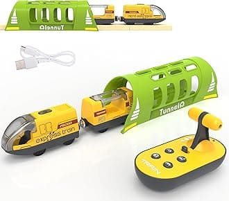 Battery Operated Train for Wooden Track, Electric Train Set Includes Remote Control Locomotive Train & Train Tunnel, Motorized Train Toy for Toddlers Compatible with Thomas, Brio, Chuggington