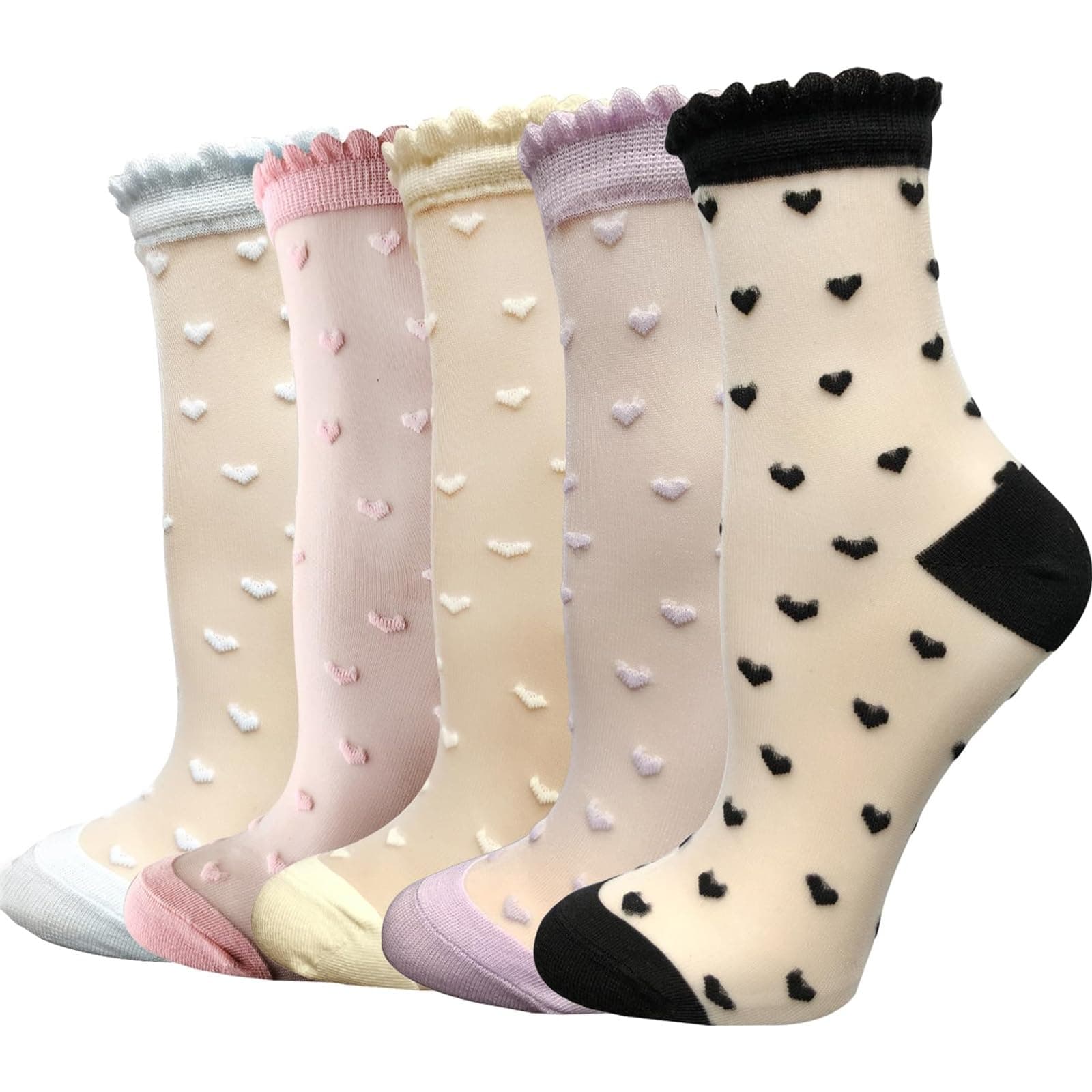 Cityelf 5 Pack Women Sheer Socks Summer Ruffle Thin Cool Footwear See Through Silky Lace Ankle Cute Stocking