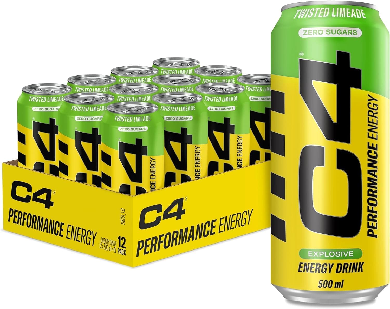 C4 Original Carbonated Zero Sugar Energy Drink, Pre Workout Drink + Beta Alanine, Sparkling Twisted Limeade, 500ml Cans (Pack of 12 in 1 box)
